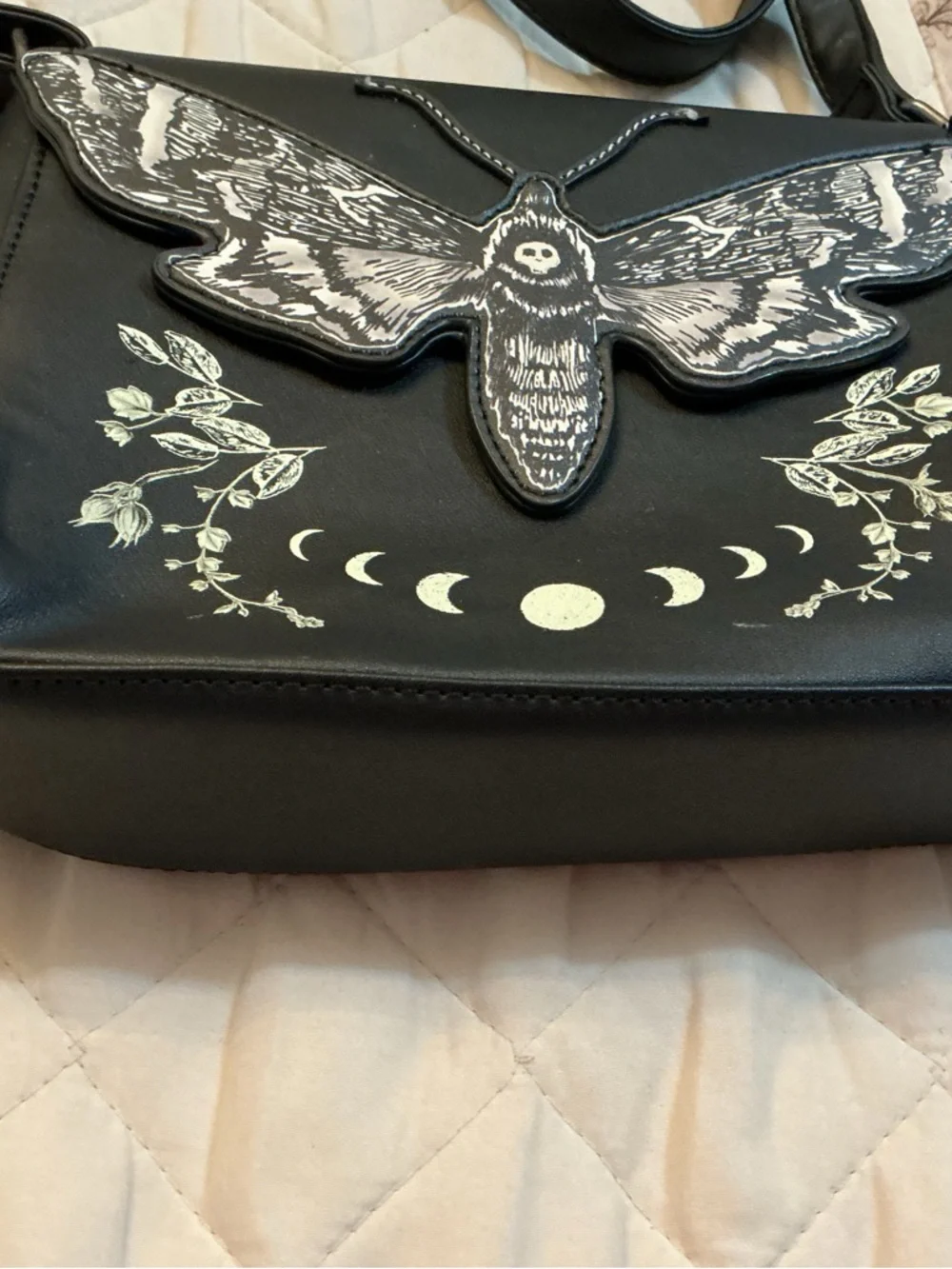 Hot Topic Black Crossbody Bag with Moth and Moon Design - Picture 4 of 6